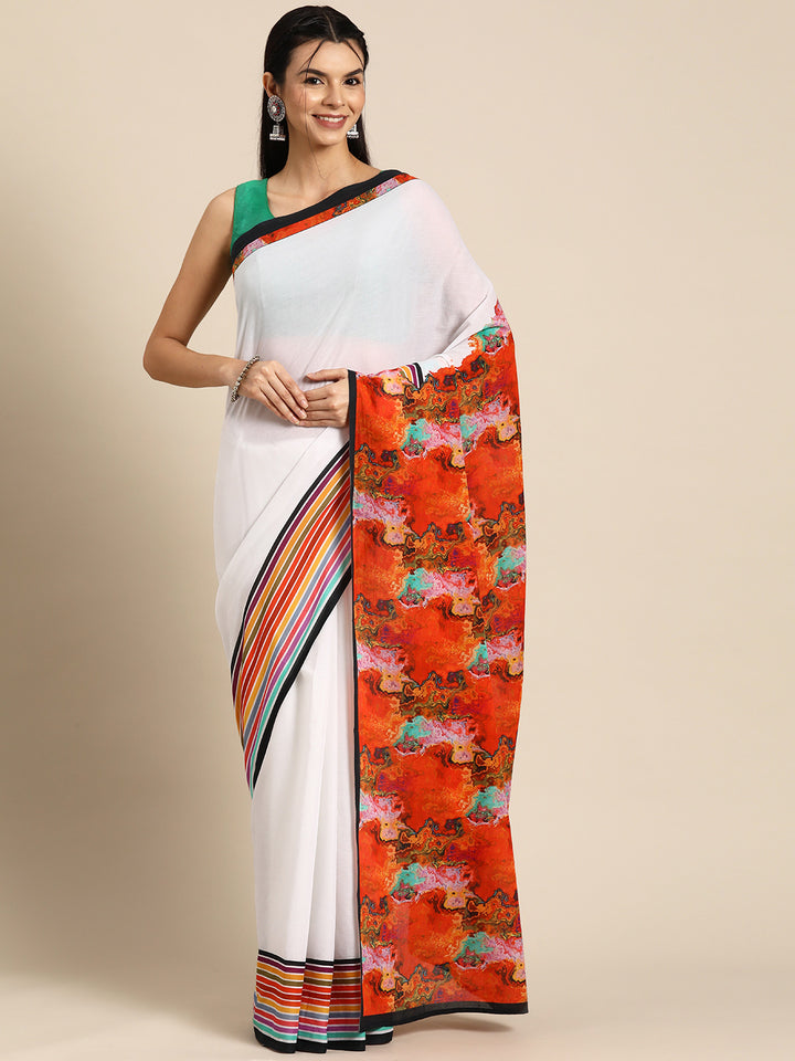 Buta Buti White Colour Striped  Printed Pure Cotton Saree With Unstitched Blouse