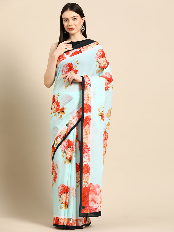 Buta Buti Mint Colour Floral  Printed Pure Cotton Saree With Unstitched Blouse