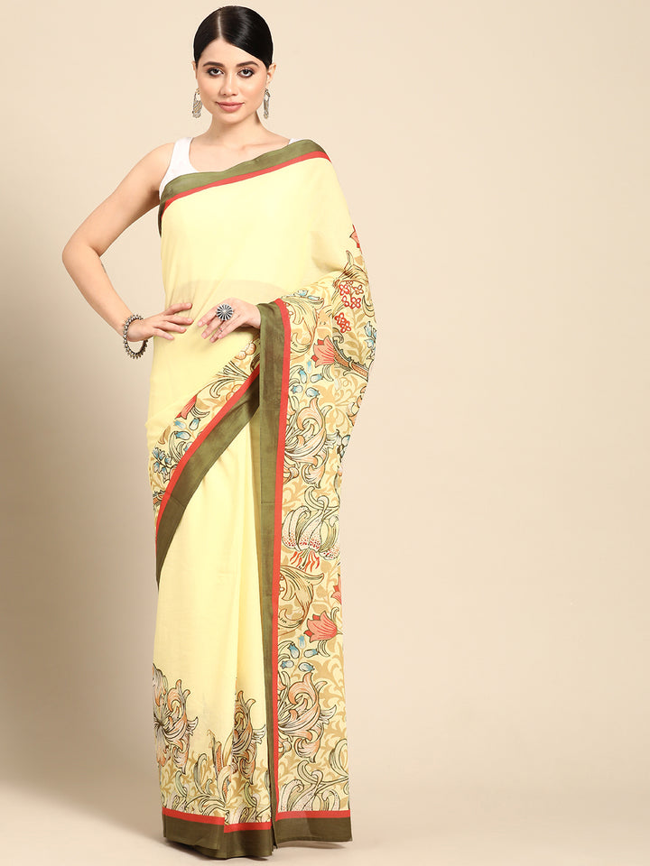 Buta Buti Yellow Colour Floral  Printed Pure Cotton Saree With Unstitched Blouse