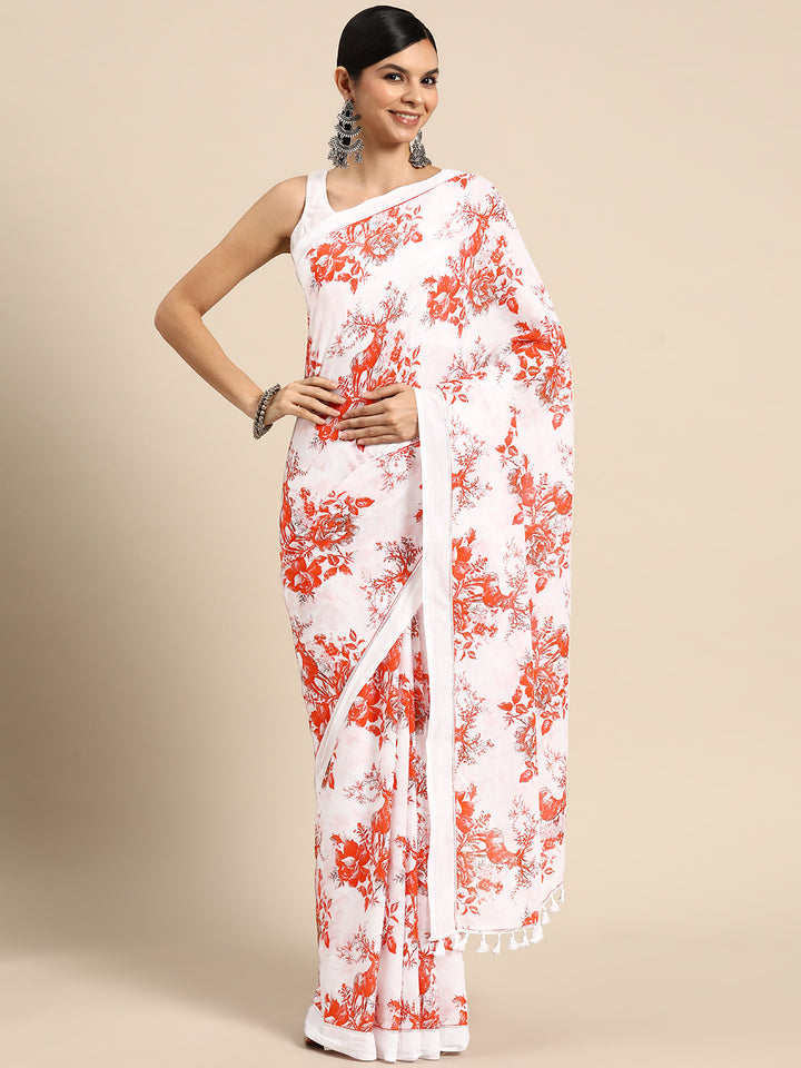 Buta Buti Red Colour Floral Printed Pure cotton Saree With Unstitched Blouse
