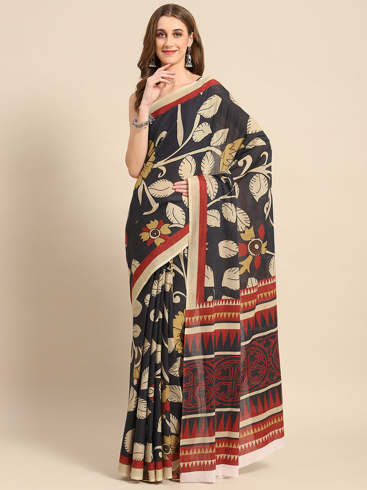 Buta Buti Black Color Floral  Printed Saree With Unstitched Blouse