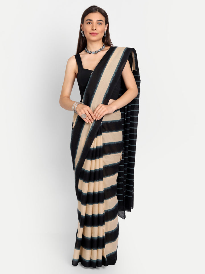 Buta Buti Beige & Black Striped Pure Cotton Saree