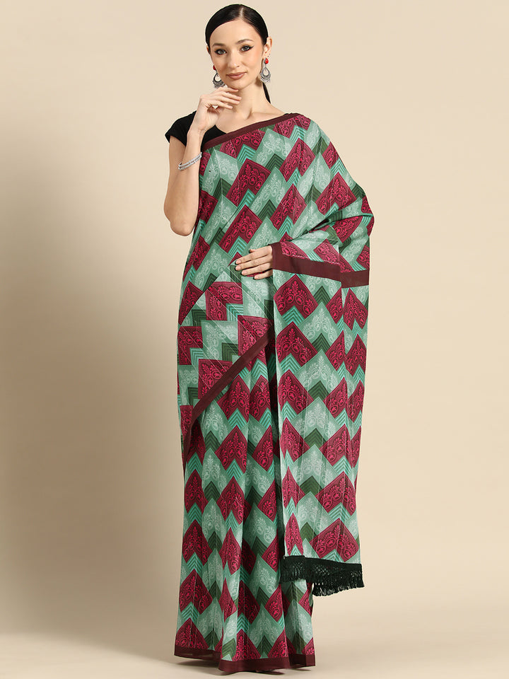 Buta Buti Green Colour Abstract Printed Pure Cotton Saree With Unstitched Blouse And Lace