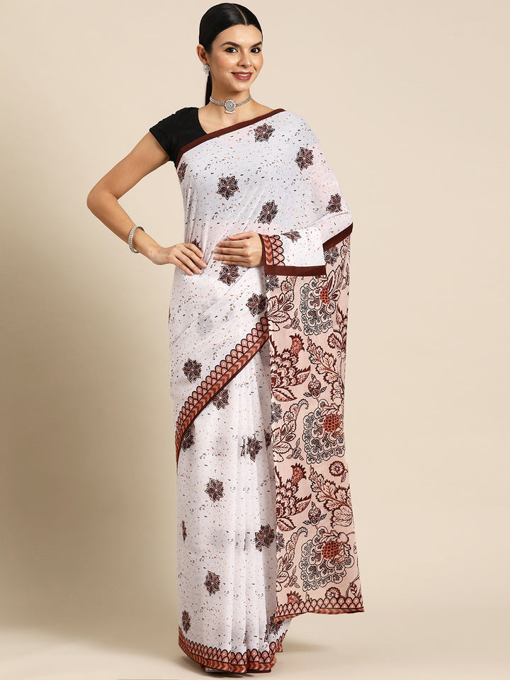 Buta Buti White Colour Floral  Printed Pure Cotton Saree With Unstitched Blouse