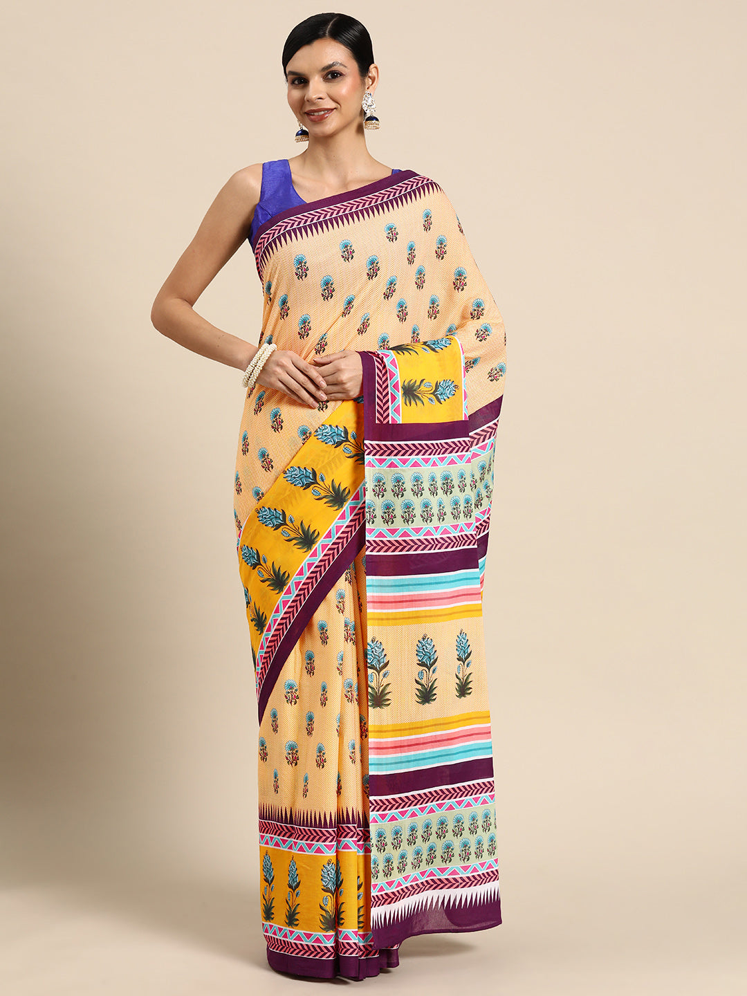 Buta Buti Yellow Colour Floral Printed Pure cotton Saree With Unstitched Blouse