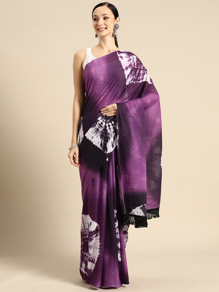 Buta Buti Purple Colour Tie and Dye Printed Pure Cotton Saree With Unstitched Blouse And Lace