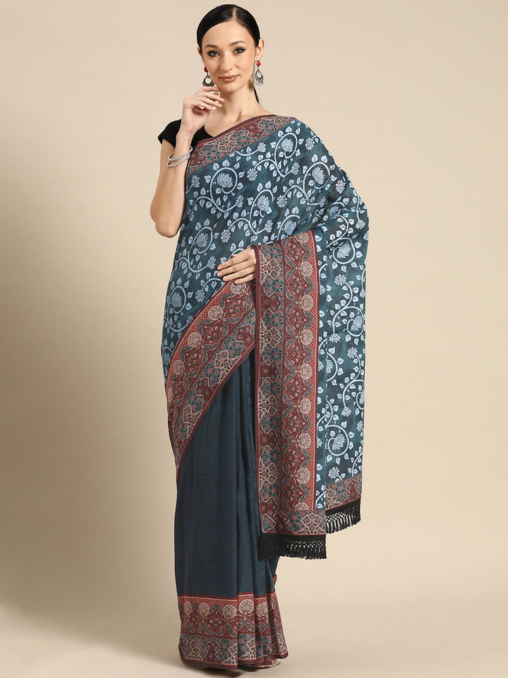 Buta Buti Blue Colour Floral Printed Pure Cotton Saree With Unstitched Blouse And Lace