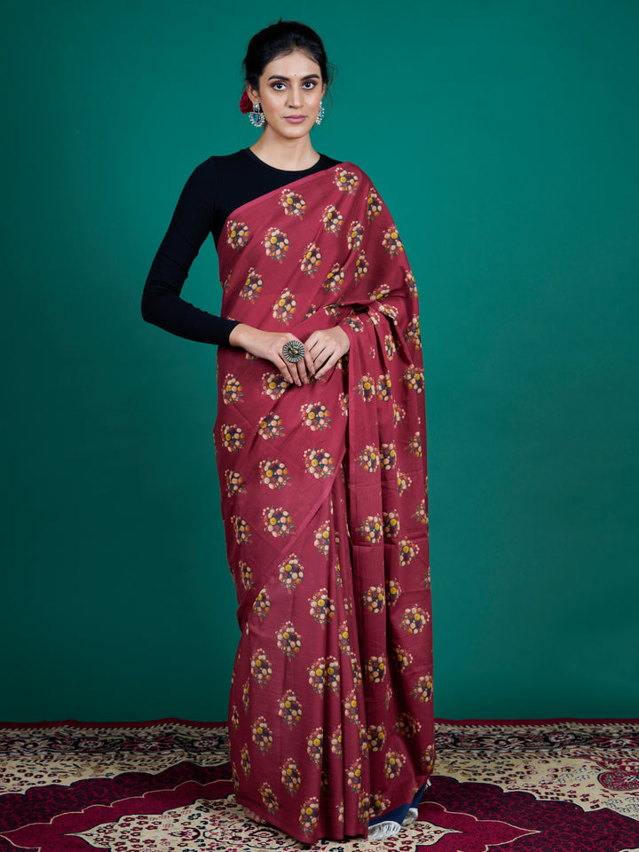 Buta Buti Maroon Color Floral Printed Pure Cotton Saree With Unstitched Blouse And lace