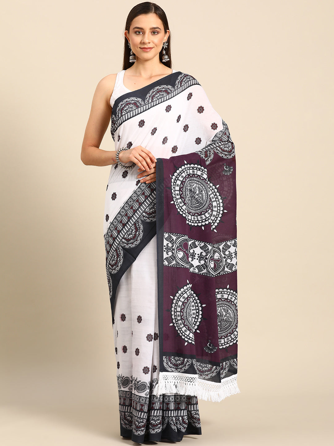 Buta Buti Wine Colour Floral Printed Pure Cotton Saree With Unstitched Blouse And Lace