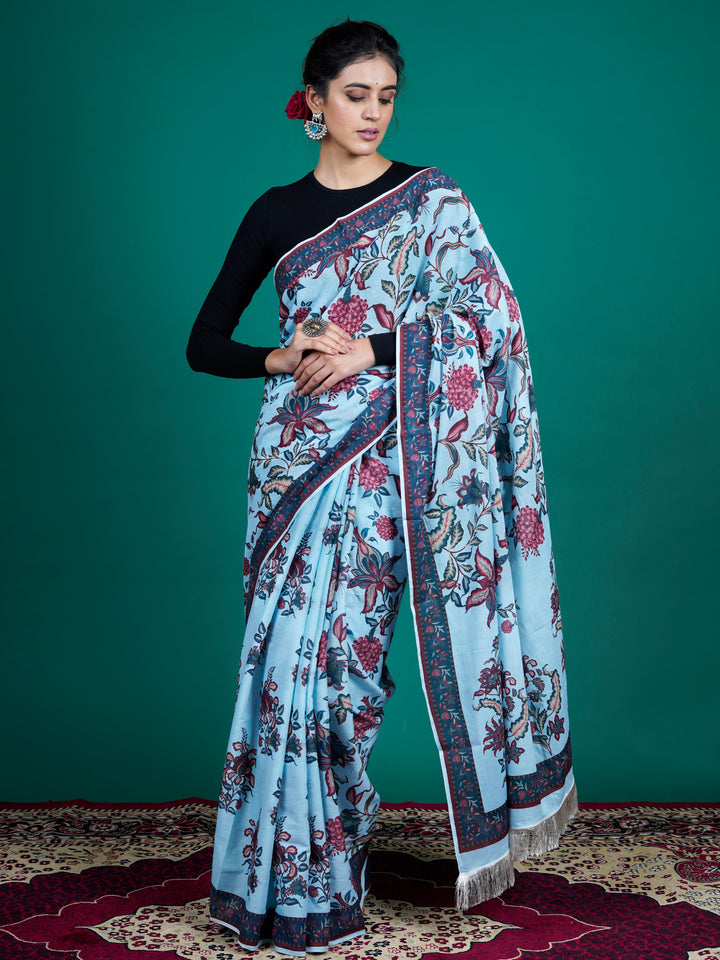 Buta Buti Blue Color Floral Printed Pure Cotton Saree With Unstitched Blouse And lace