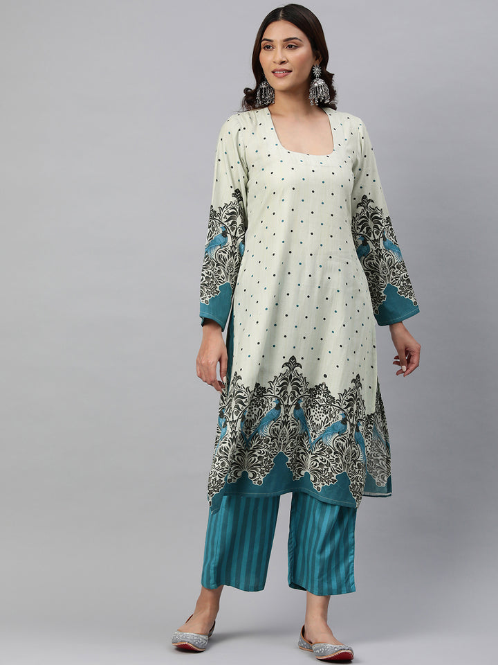 Beige Color Floral Printed Pure Cotton  Kurta Set