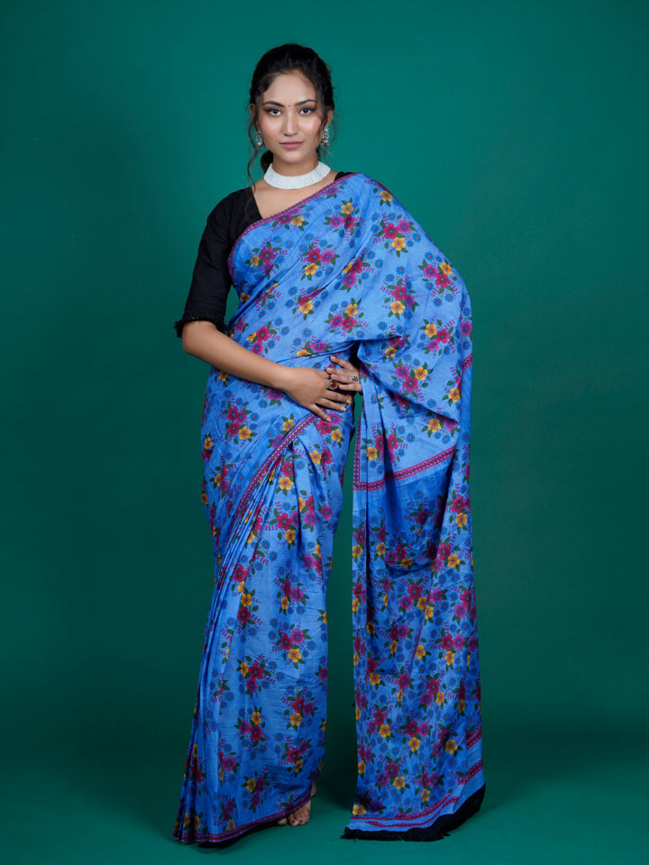 Buta Buti Floral Printed Cotton Tasseled Saree