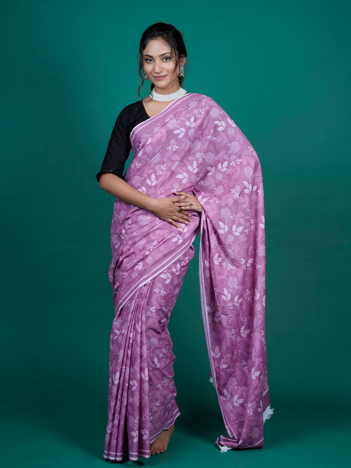 Buta Buti Pink Color Floral Printed Pure Cotton Saree With Unstitched Blouse And lace