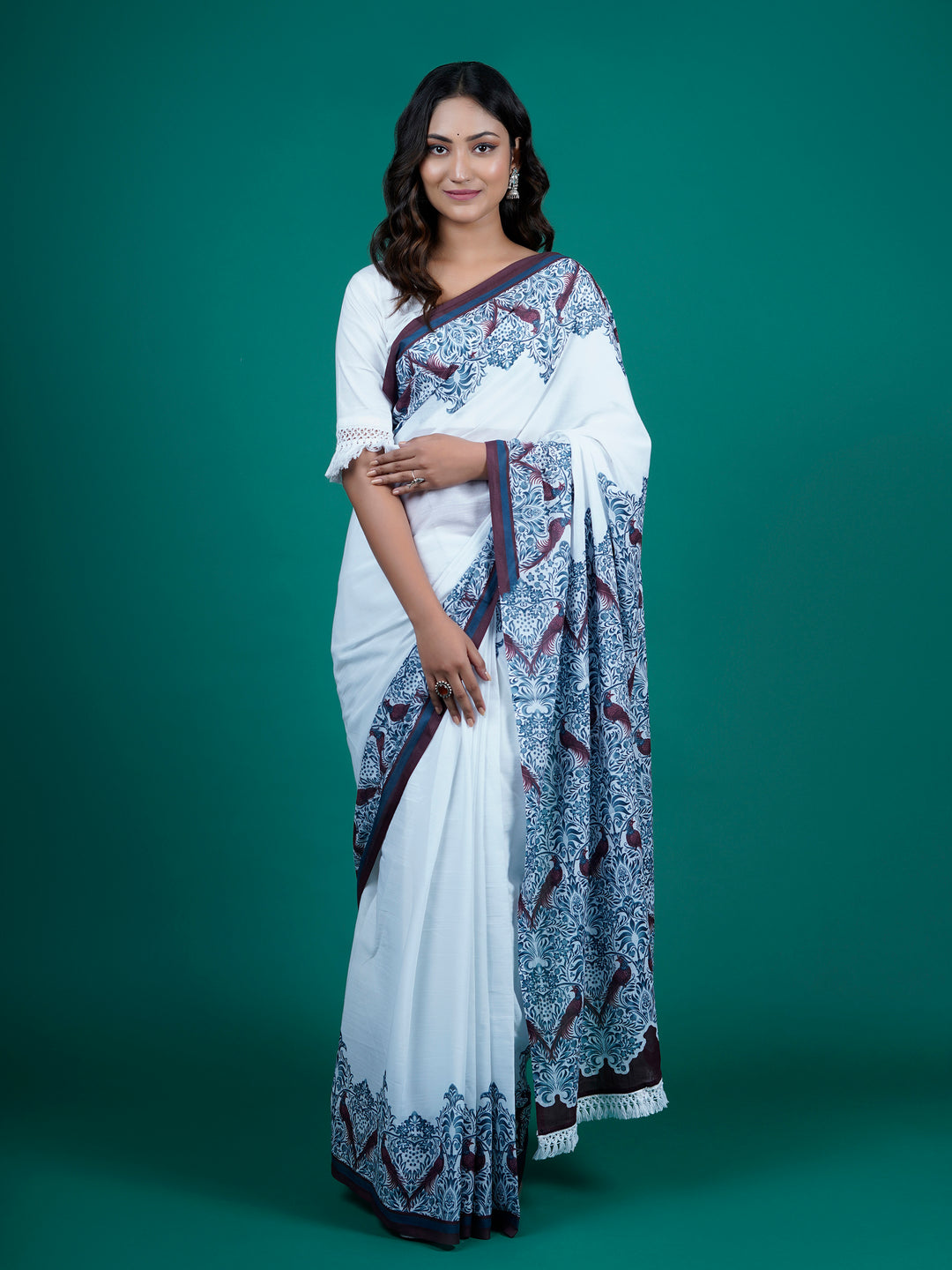 Buta Buti White Color Floral Printed Pure Cotton Saree With Unstitched Blouse And lace