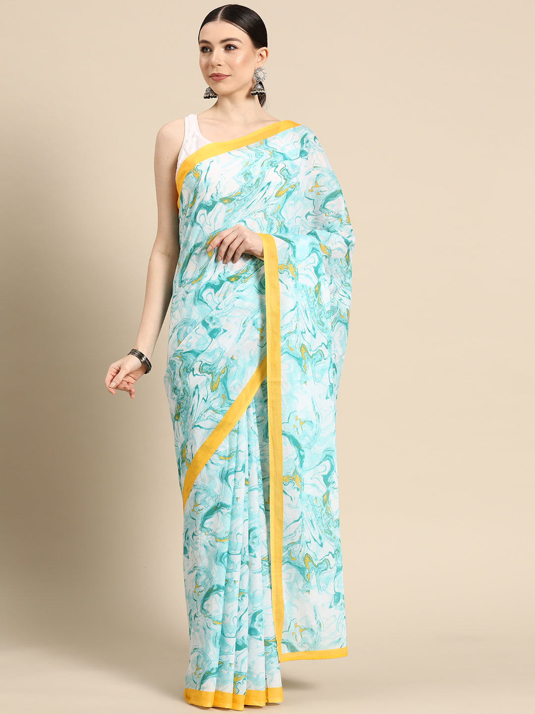 Buta Buti Teal Colour Abstract  Printed Pure Cotton Saree With Unstitched Blouse