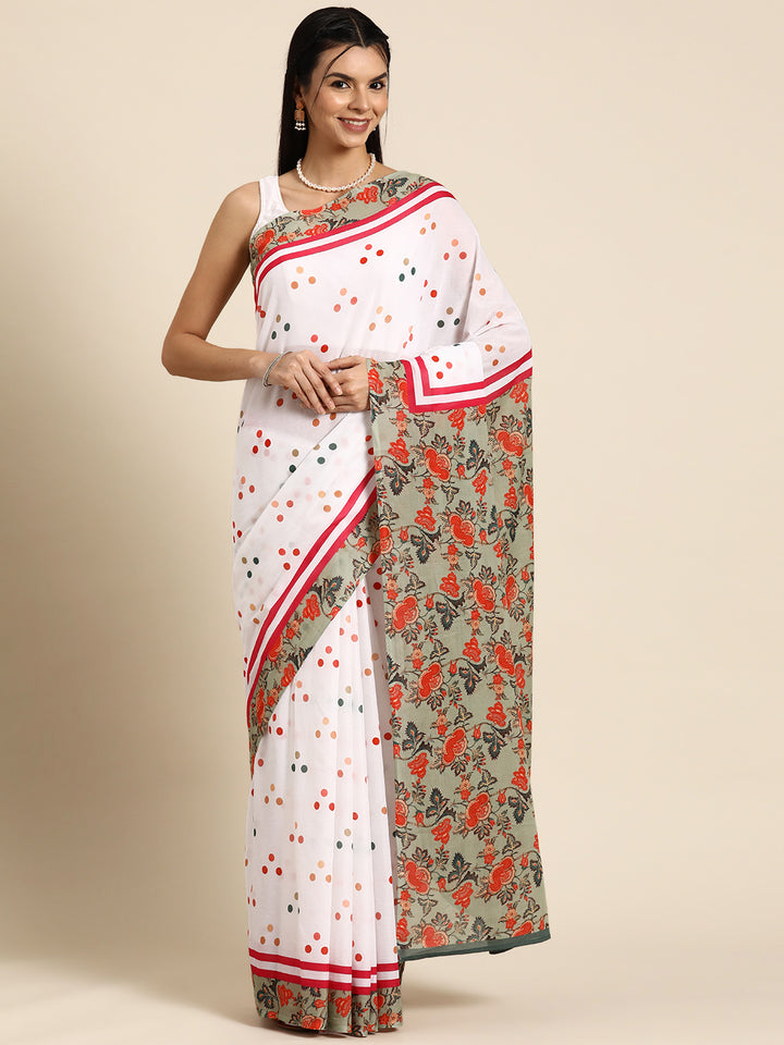 Buta Buti White Colour Polka Dots  Printed Pure Cotton Saree With Unstitched Blouse