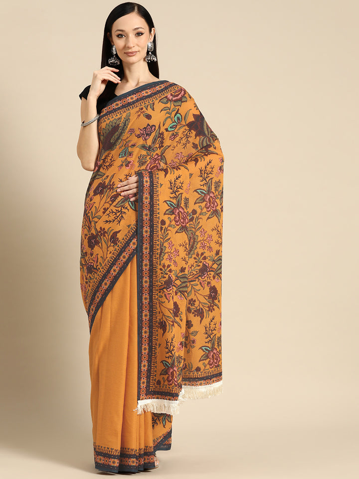 Buta Buti Yellow Colour Floral Printed Pure Cotton Saree With Unstitched Blouse And Lace