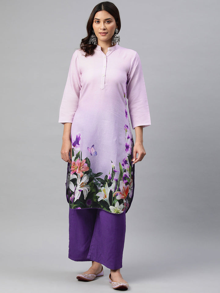 Purple Color Floral Printed Pure Cotton  Kurta Set
