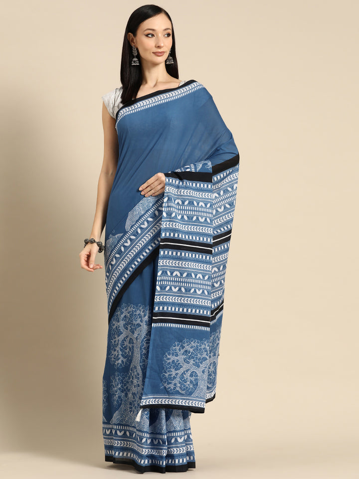 Buta Buti Blue Colour Floral Printed Pure Cotton Saree With Unstitched Blouse And Lace