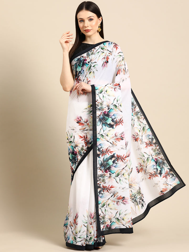 Buta Buti White Colour Floral  Printed Pure Cotton Saree With Unstitched Blouse