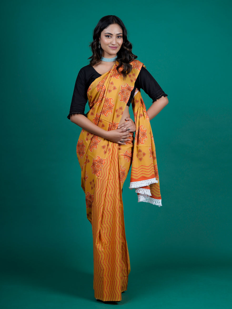 Buta Buti Mustard Color Floral Printed Pure Cotton Saree With Unstitched Blouse And lace
