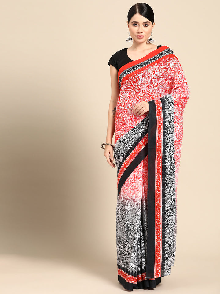 Buta Buti Red Colour Floral  Printed Pure Cotton Saree With Unstitched Blouse