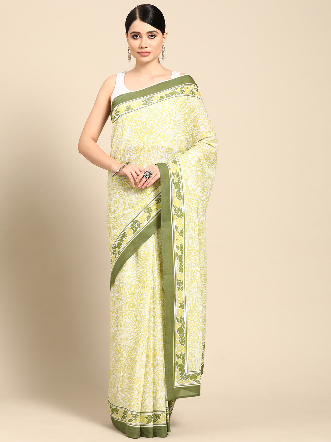 Buta Buti Yellow Colour Floral  Printed Pure Cotton Saree With Unstitched Blouse