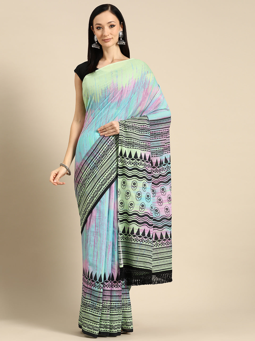 Buta Buti Blue Colour Abstract Printed Pure Cotton Saree With Unstitched Blouse And Lace