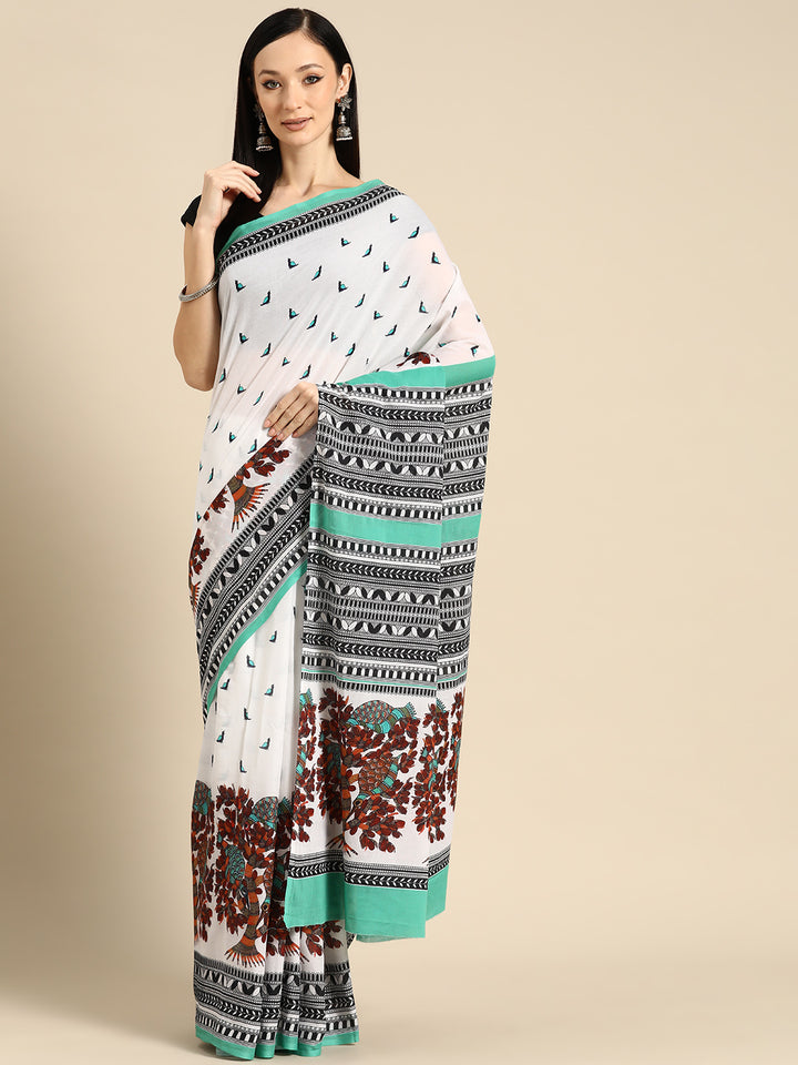 Buta Buti Green Colour Abstract Printed Pure Cotton Saree With Unstitched Blouse And Lace