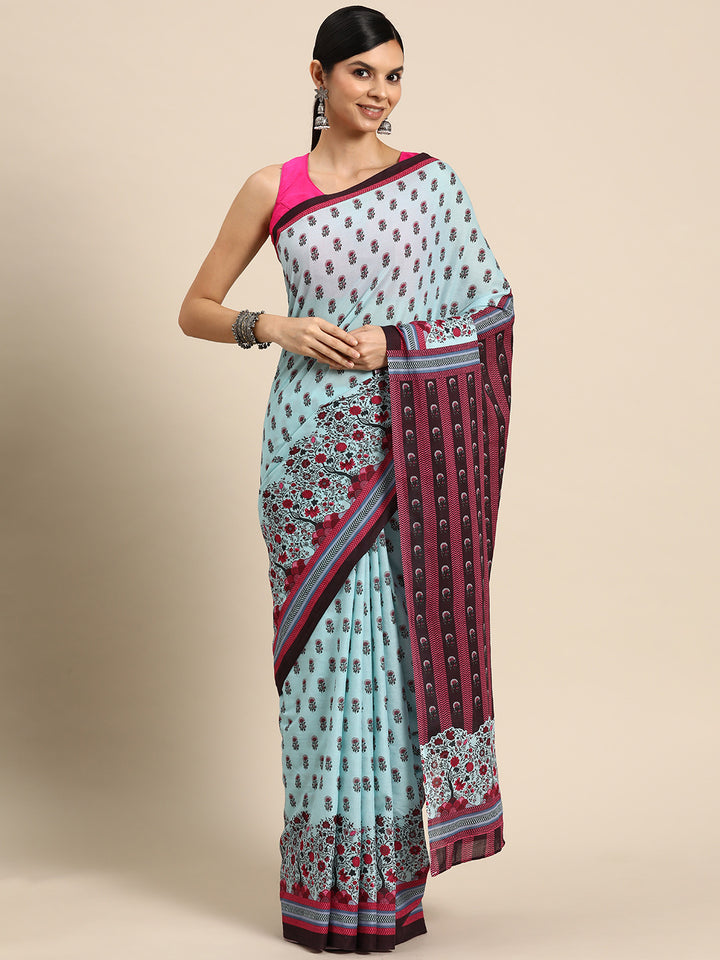 Buta Buti Blue Colour Floral Printed Pure cotton Saree With Unstitched Blouse