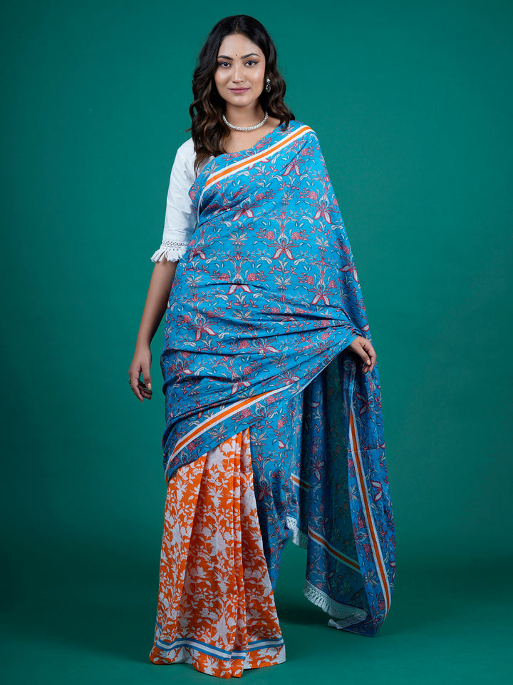 Buta Buti Multi Color Floral Printed Pure Cotton Saree With Unstitched Blouse And lace