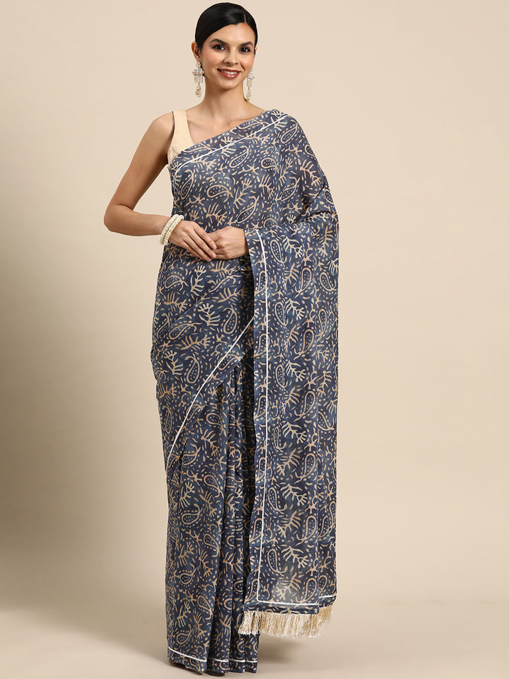 Buta Buti Blue Colour Floral Printed Pure cotton Saree With Unstitched Blouse