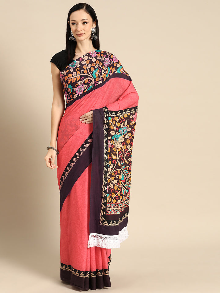 Buta Buti Pink Colour Floral Printed Pure Cotton Saree With Unstitched Blouse And Lace