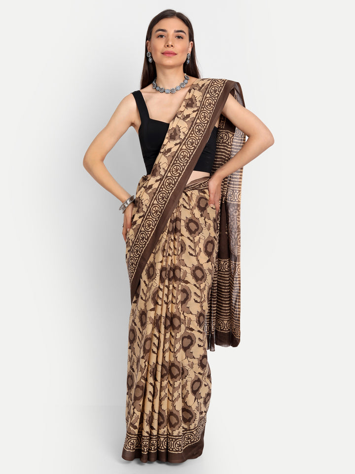 Buta Buti Beige & Brown Floral Pure Cotton Saree