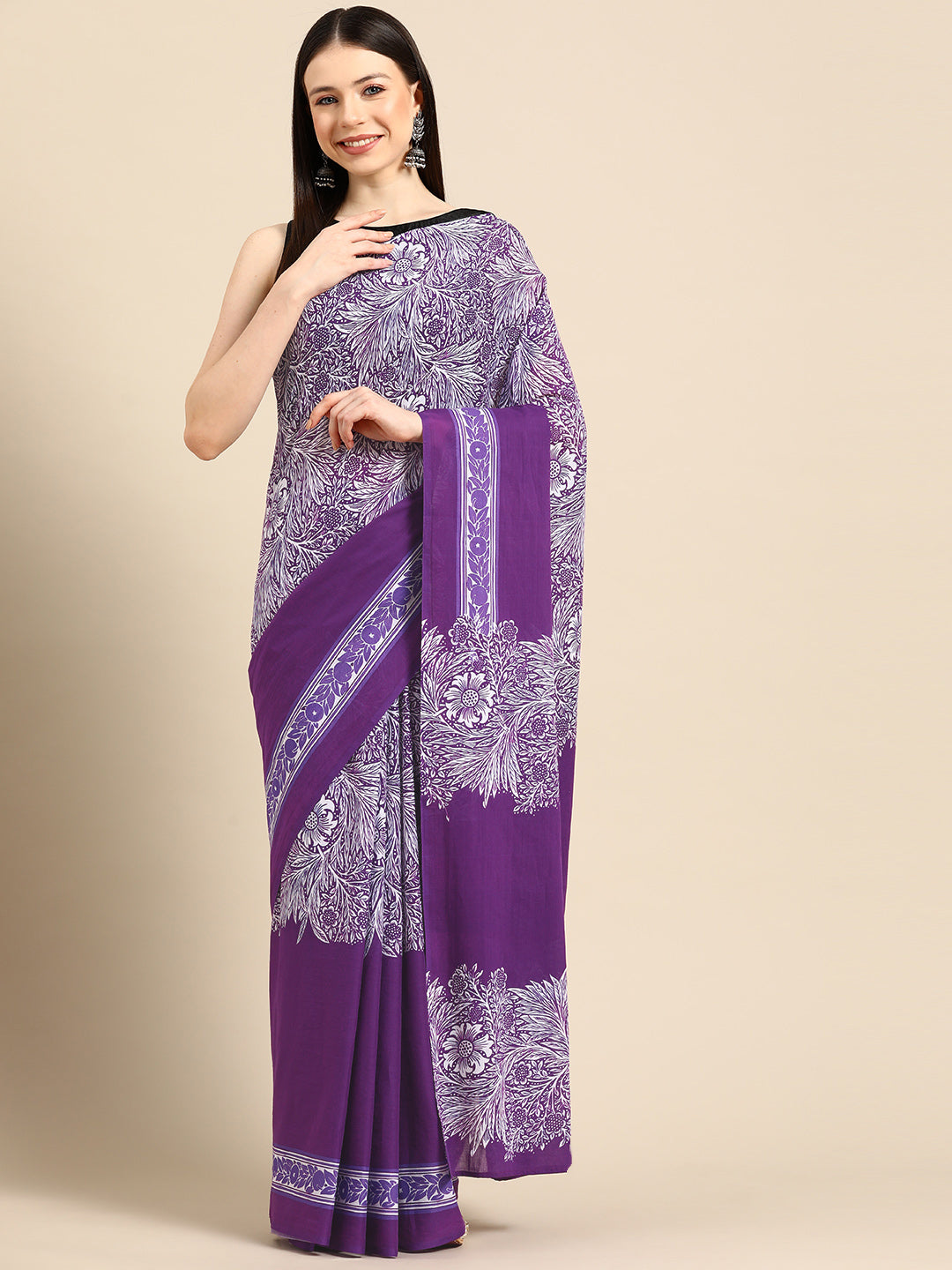 Buta Buti Purple Colour Floral  Printed Pure Cotton Saree With Unstitched Blouse