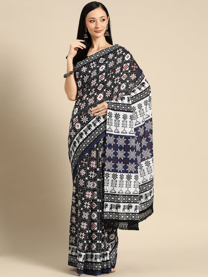 Buta Buti Blue Colour Abstract Printed Pure Cotton Saree With Unstitched Blouse And Lace