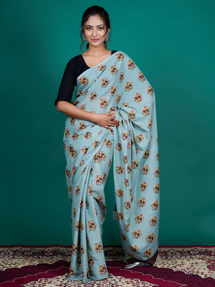 Buta Buti Blue Color Floral Printed Pure Cotton Saree With Unstitched Blouse And lace