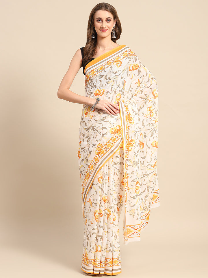 Buta Buti Yellow Color Floral  Printed Saree With Unstitched Blouse