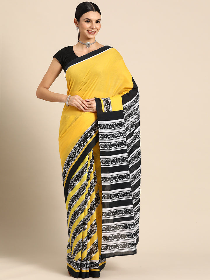 Buta Buti Yellow Colour Floral  Printed Pure Cotton Saree With Unstitched Blouse