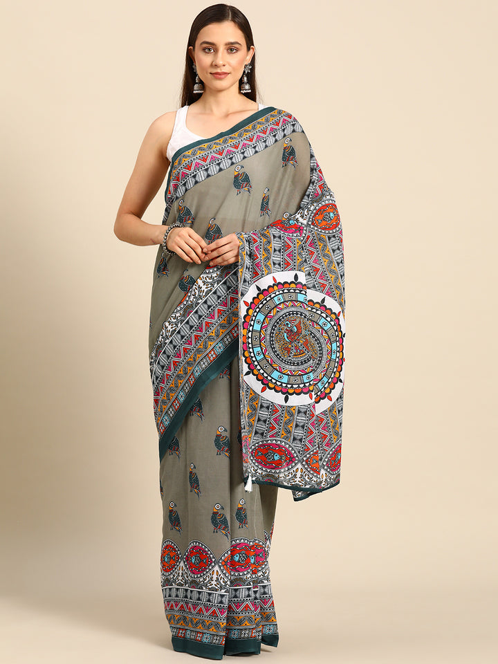 Buta Buti Multi Colour Abstract Printed Pure Cotton Saree With Unstitched Blouse And Lace