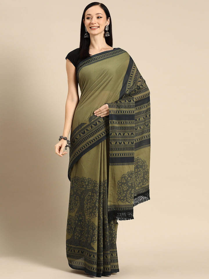 Buta Buti Green Colour Floral Printed Pure Cotton Saree With Unstitched Blouse And Lace