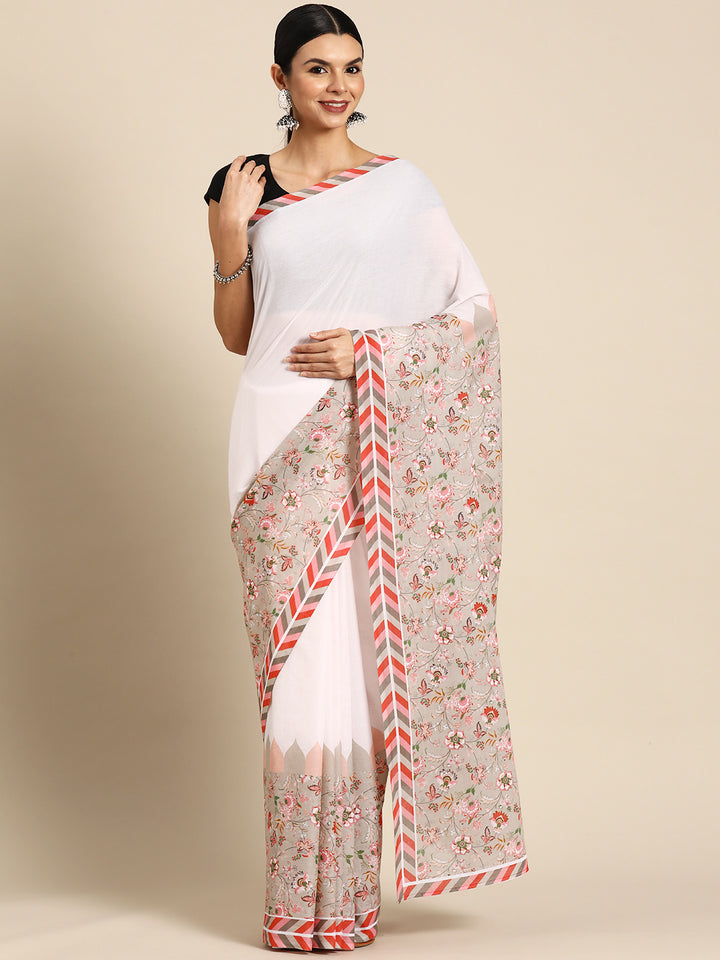 Buta Buti White Colour Floral  Printed Pure Cotton Saree With Unstitched Blouse