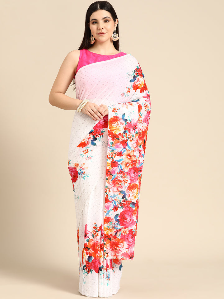 Buta Buti White Colour Floral  Printed Pure Cotton Saree With Unstitched Blouse