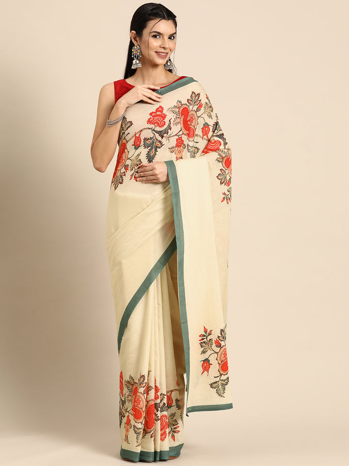 Buta Buti Beige Colour Floral  Printed Pure Cotton Saree With Unstitched Blouse