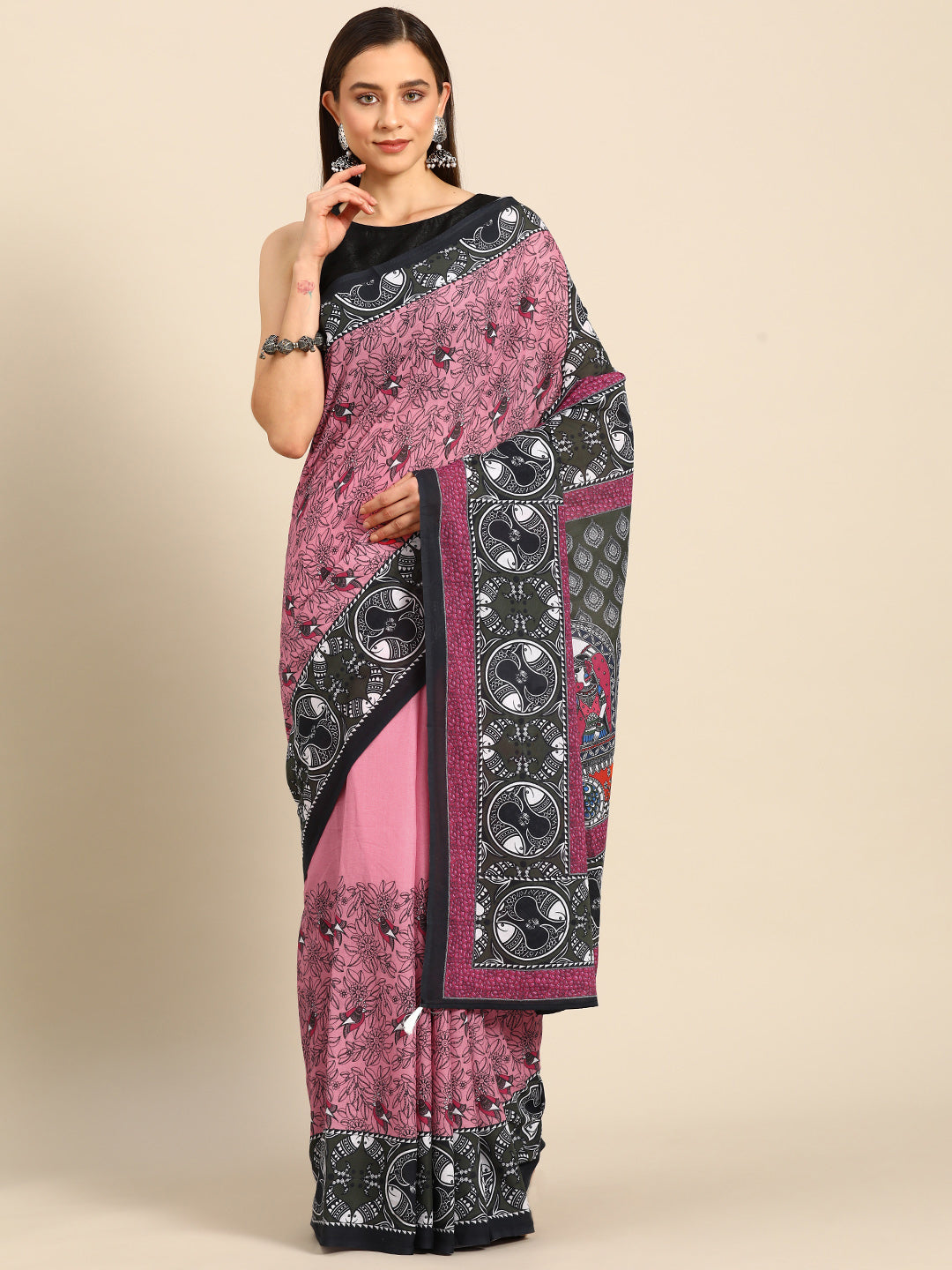 Buta Buti Pink Colour Floral Printed Pure Cotton Saree With Unstitched Blouse And Lace