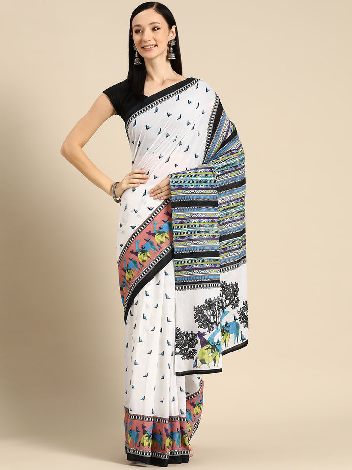 Buta Buti Multi Colour Abstract Printed Pure Cotton Saree With Unstitched Blouse And Lace