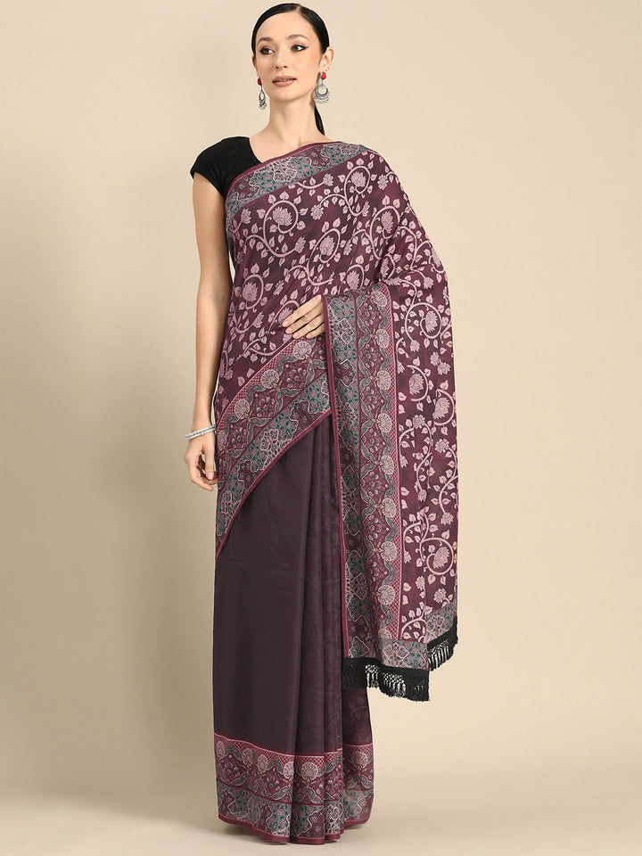 Buta Buti Maroon Colour Floral Printed Pure Cotton Saree With Unstitched Blouse And Lace