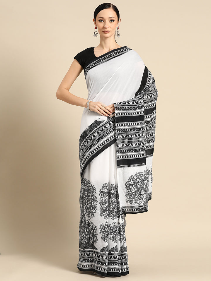 Buta Buti Black Colour Floral Printed Pure Cotton Saree With Unstitched Blouse And Lace