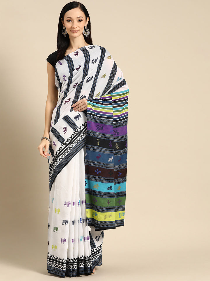 Buta Buti Multi Colour Abstract Printed Pure Cotton Saree With Unstitched Blouse And Lace