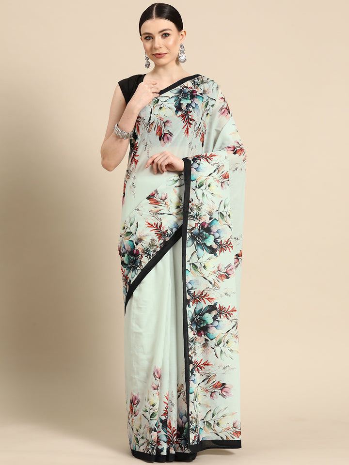 Buta Buti Grey Colour Floral  Printed Pure Cotton Saree With Unstitched Blouse